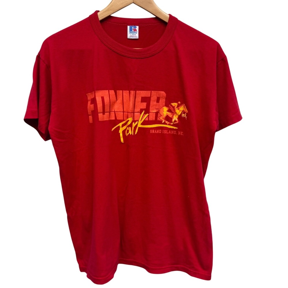 VTG Russell Athletic Fonner Park Horse Racing T Shirt S.S. Nebraska‎ Men's Large